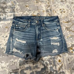 American Eagle Outfitters Women's Ripped Denim High-Rise Shorts in Blue